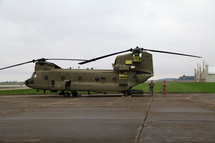 26 September 2012: CH-47F Chinook helicopter 10-08803 and flight makes it to the FBO ramp at Joint Civil/Military Gus Grissom Air Reserve Base (KGUS), for a fuel and overnight stay during the aircraft delivery ferry flight to Marshall Airfield (KFRI), Fort Riley, Kansas.