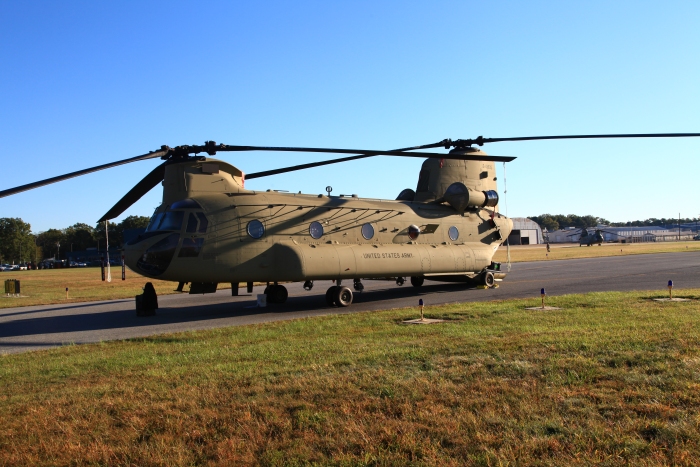 25 September 2012: CH-47F Chinook helicopter 10-08805 rests on the ramp at Millville Municipal Airport (KMIV), New Jersey, ready for the aircraft delivery ferry flight to Marshall Airfield (KFRI), Fort Riley, Kansas.