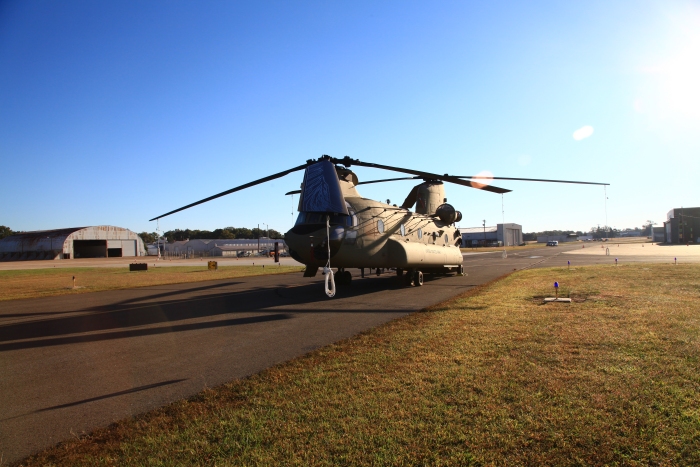 25 September 2012: CH-47F Chinook helicopter 11-08094 rests on the ramp at Millville Municipal Airport (KMIV), New Jersey, ready for the aircraft delivery ferry flight to Marshall Airfield (KFRI), Fort Riley, Kansas.