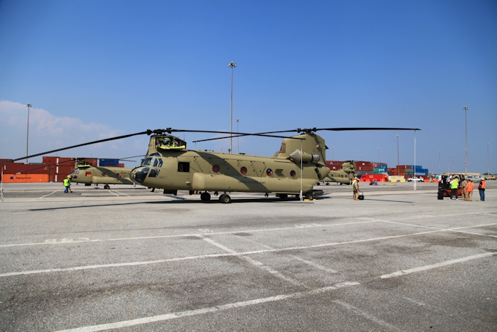 11 September 2013: CH-47F Chinook helicopter 11-08834 sits on the dock at the Port of Baltimore awaiting rotor blade removal and preparation for ship transport to the Republic of Korea.