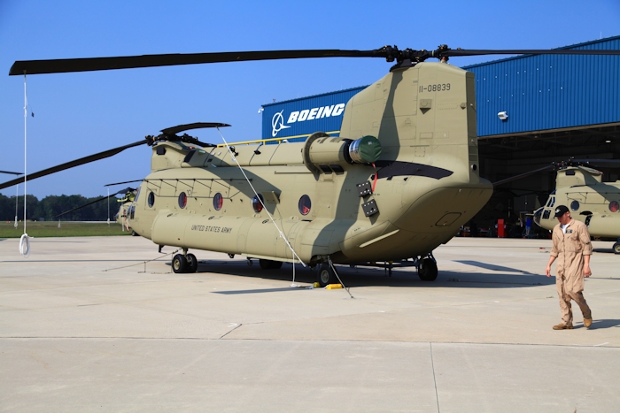 11 September 2013: CH-47F Chinook helicopter 11-08839 rests on the ramp at the Boeing Millville facility, Millville Municipal Airport (KMIV), New Jersey, awaiting movement to the Port of Baltimore for ship transport to the Republic of Korea.