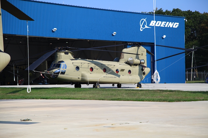 11 September 2013: CH-47F Chinook helicopter 12-08105 rests on the ramp at the Boeing Millville facility, Millville Municipal Airport (KMIV), New Jersey, awaiting movement to the Port of Baltimore for ship transport to the Republic of Korea.