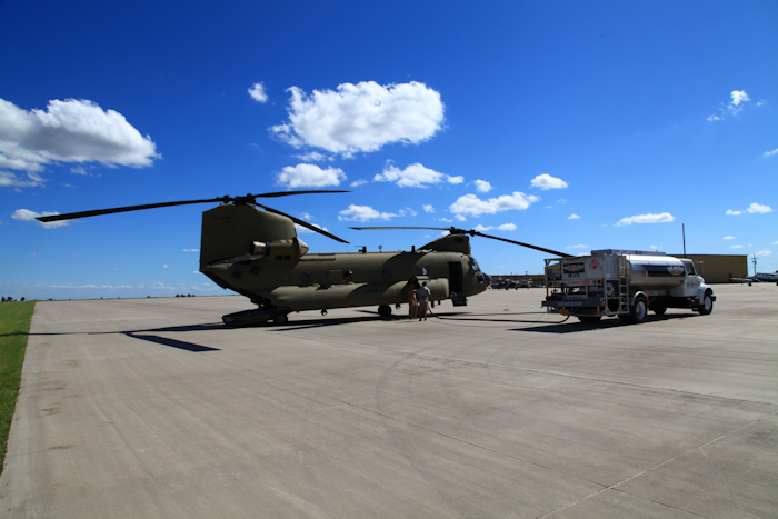 16 August 2017: After a long day of avoiding nasty weather CH-47F Chinook helicopter 15-08191 refuels at Dodge City Aiport (KDDC), Kansas, and is put to bed for the night while enroute to it's new home at Butts Army Airfield (KFCS), Fort Carson, Colorado.