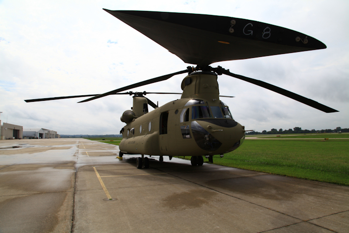 16 August 2017: CH-47F Chinook helicopter 15-08191 sitting on the ramp at St. Louis Downtown Airport (KCPS), Illinois, while enroute to it's new home at Butts Army Airfield (KFCS), Fort Carson, Colorado.