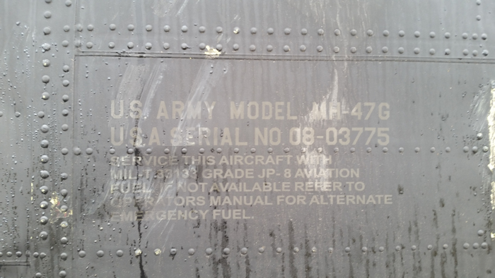 Summit Airfield, Delaware: Aircraft identification paint from MH-47G Chinook helicopter 08-03775 as of 28 March 2017.