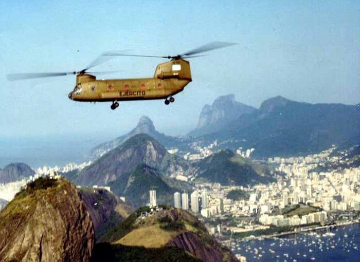 Argentina's Chinook tail number AE-521. Location is Rio de Janeiro, Brazil. Date unknown.