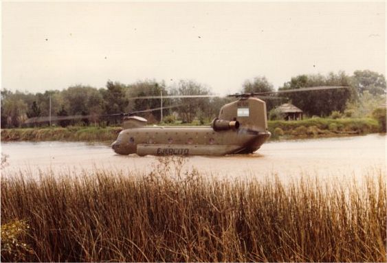 AE-520 conducting water landing training near Escobar, Buenos Aires, Argentina, date unknown.