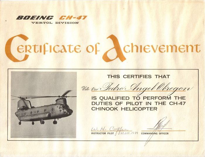 A Boeing Certificate of Acheivement presented to Pedro Angel Obregn, an Argentine Army Chinook pilot, circa 1979.