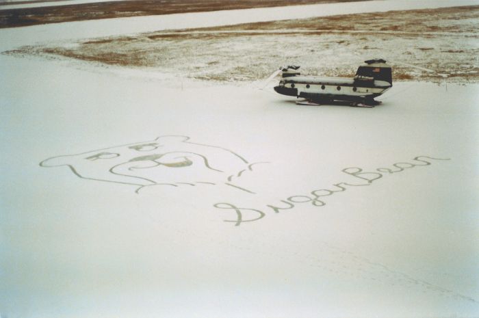 A "Sugar Bears" greeting and a former presidential support CH-47C in Alaska, circa 1981. [View looking northeast]