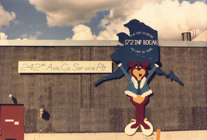 A view looking north at the south side of Hangar 4 and 5 at Fort Wainwright, Alaska, circa 1981.