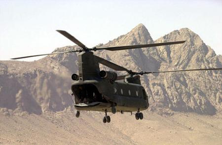 A CH-47D Chinook Helicopter from Bravo Company, 7th Battalion, 101st Airborne Division (Air Assault) flies back to Kandahar after dropping troops off in support of operation Mountain Sweep.