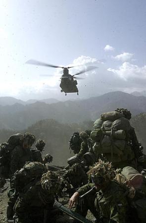 A CH-47 Chinook helicopter prepares to land in Afghanistan.