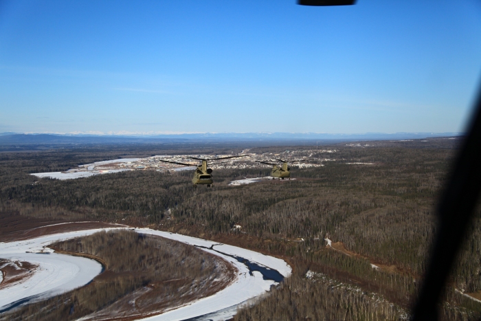 18 April 2012: Sortie 1, Chalks One and Two, fly over Fort Nelson after departing the airport enroute to Ladd Field.