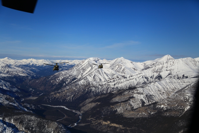 18 April 2012: The tilting of the rock strata in the Rocky Mountains is readily apparent in this photograph of Sortie 1, Chalks Two and Three. The ridgeline below 764 (right) is tilted up and to the right at about 35 degrees. Geologic (plate tectonics) and weathering forces shaped this area over millions of years giving it breath taking beauty.