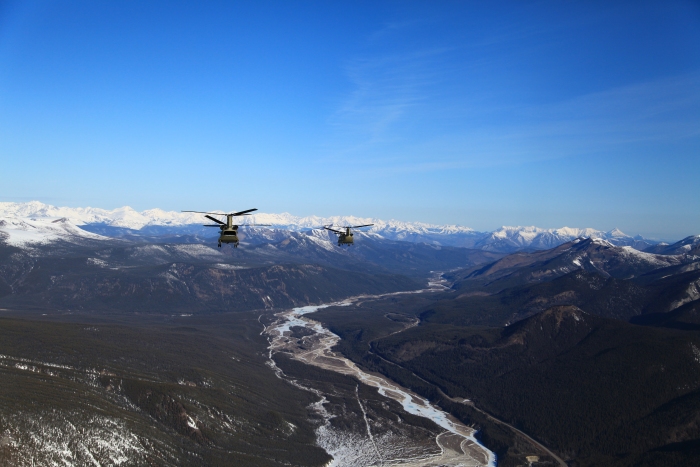 18 April 2012: Another satisfying view of the mountains and the pass the Flight proceeds through the pass on the way to destination. Just prior to this point, the Flight had completed a 90 degree right turn and the Rockies on on our left. We would fly north for awhile and continue along the ALCAN.