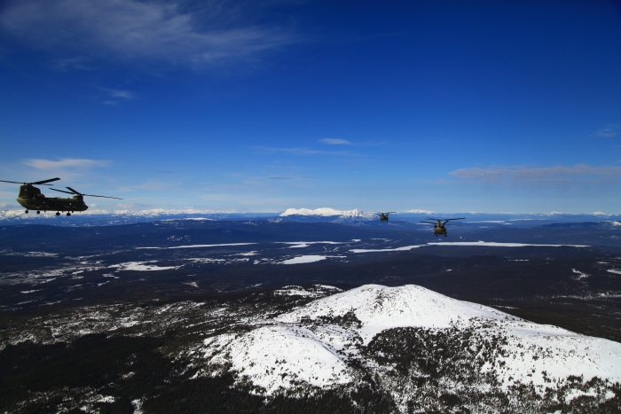 18 April 2012: Sortie 1 passes over Hazel Ridge (vicinity N 60° 1' W 131° 52'). Motley Lake is visible under Chalk Two. In the distance is Teslin Lake. To the left of Lead on the horizon is Dawson Peaks, topping out at 6,443 feet.