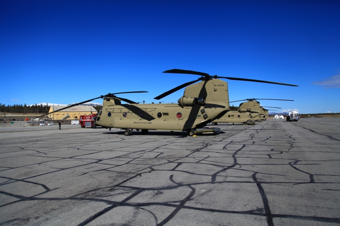 18 April 2012: Sortie 1 aircraft receive fuel and the crews suck down a quick lunch at Whitehorse, Yukon Territory, Canada.