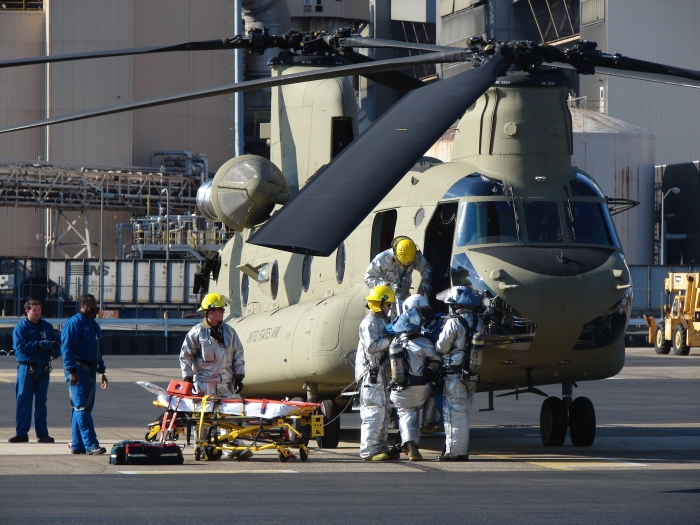 16 November 2009: Members of the Boeing Fire Department conduct rescue training utilizing an F model H-47 Chinook helicopter on the ramp at the Boeing Helicopters Center 3 South facility in Ridley Park, Pennsylvania.