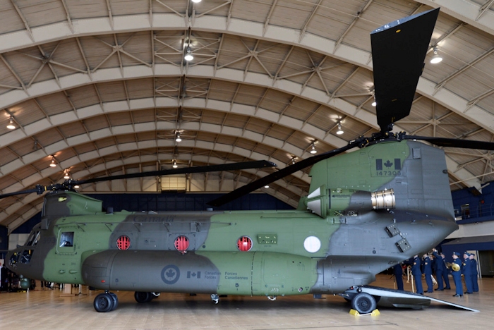 Canadian CH147F Chinook helicopter 147303 sits in the Canada Reception Centre during a ceremony on 27 June 2013.