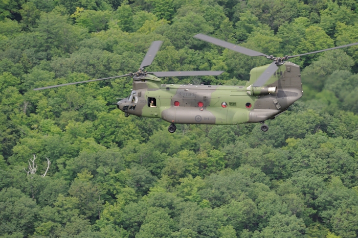 27 June 2013: Canada's new CH147F Chinook medium to heavy-lift helicopter makes its way from the nation's capital, up the Ottawa valley to its new home at Canadian Forces Base Petawawa, Ontario.