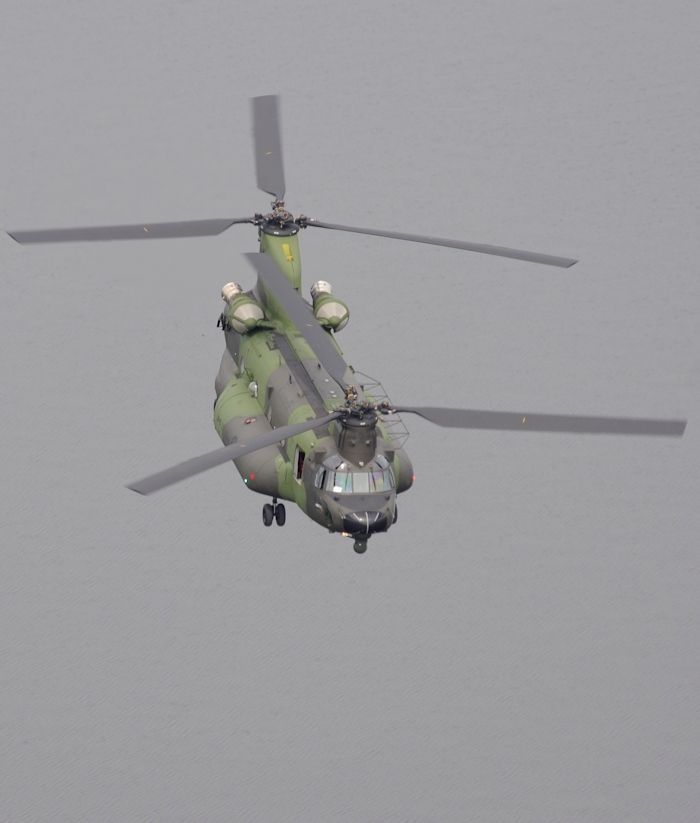 27 June 2013: A view from above as Canada's new CH147F Chinook, tail number 147303, medium to heavy-lift helicopter makes its way from the nation's capital, up the Ottawa valley to its new home at Canadian Forces Base Petawawa, Ontario.