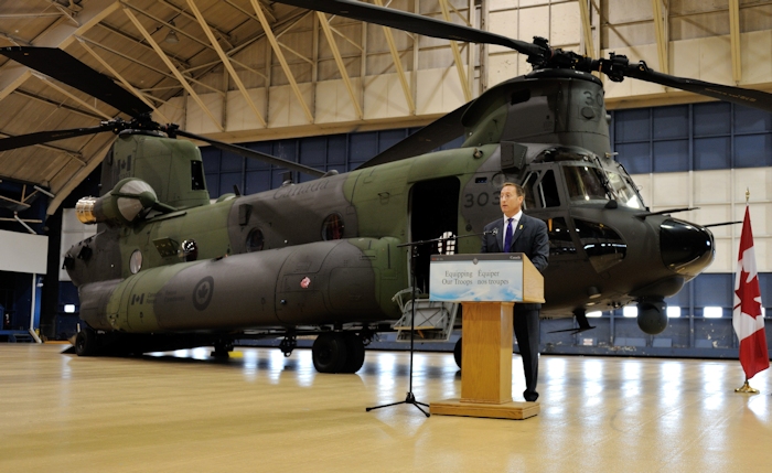 27 June 2013: Canada's new CH147F Chinook, tail number 147303, rests in the hangar at the Canada Reception Centre.