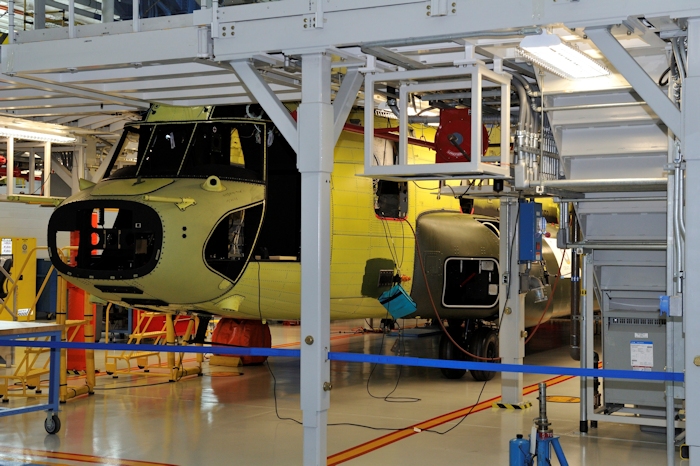 24 June 2013: Medium to Heavy Lift helicopter (MHLH), Chinook CH147F, tail number 147309, is seen going through the assembly line at the Boeing factory in Philadelphia, Pennsylvania, United States.