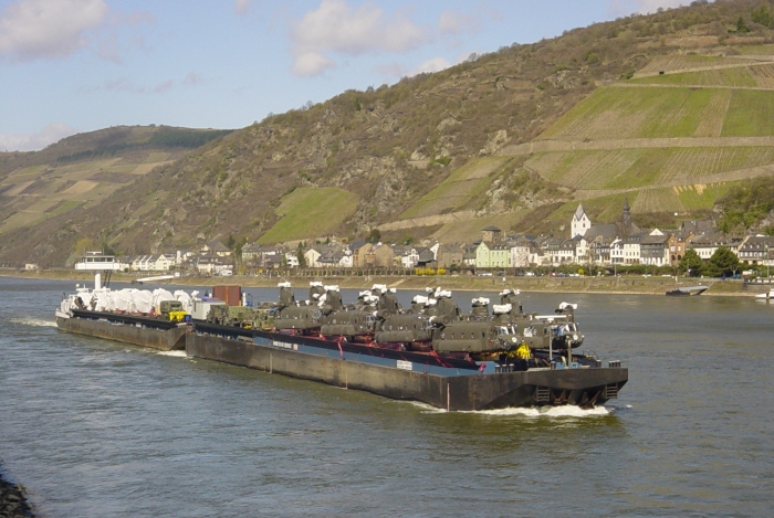 2004: The CH-47D Chinook helicopter fleet belonging to Big Windy - home based in Germany - returns from Iraq after participating in Operation Iraqi Freedom (OIF). The aircraft were transported by the Netherland's flagged Inland Cargo Vessel "VERA" and "RORO1" (non powered barge) up the Rhine River to the Theater Aviation Intermediate Maintenance (AVIM) facility located at Mannheim Germany.