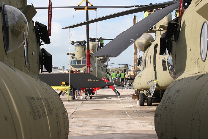 19 November 2010: The Boeing Maintenance Team, led by Mark Guida, works at a feverish pace the reassemble the Chinook helicopters in order for them to be flown to Wheeler Army Airfield.