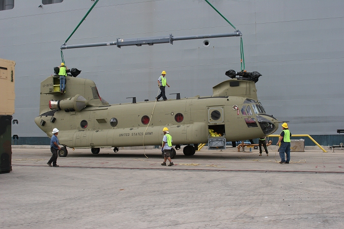 18 November 2010: CH-47F Chinook helicopter 07-08740 was the fourth aircraft to arrive at the dock.