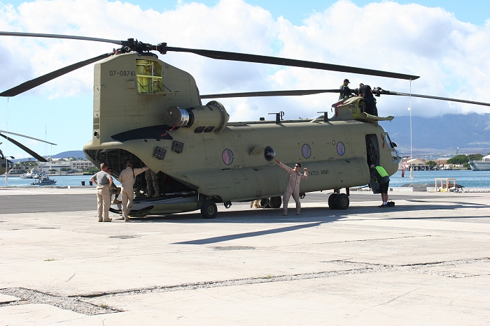 19 November 2010: CH-47F Chinook helicopter 07-08741 gets a preflight by the S3 NET Team as the Boeing Maintenance Team completes some final assembly tasks.