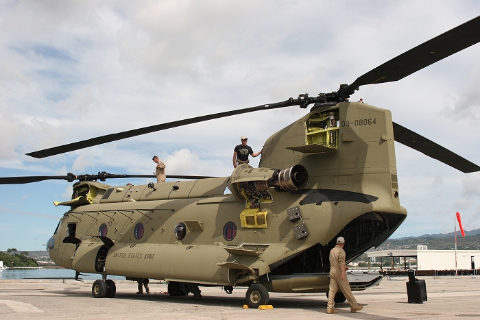 19 November 2010: CH-47F Chinook helicopter 09-08064 gets a thorough preflight before heading off to Wheeler Army Airfield.