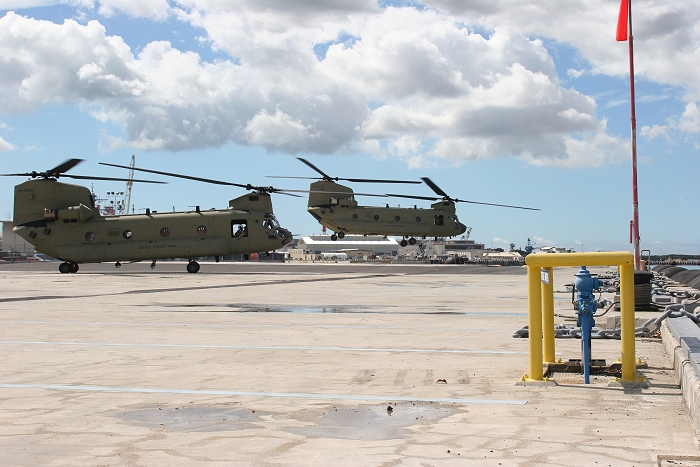 19 November 2010: The first two CH-47F Chinook helicopters to take off from the dock at Pearl Harbor in the early afternoon were 07-08743 and 09-08064.