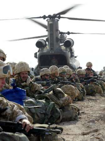British Royal Marines from 40 Commando are inserted into Basra by HC Mark II Chinook helicopters.