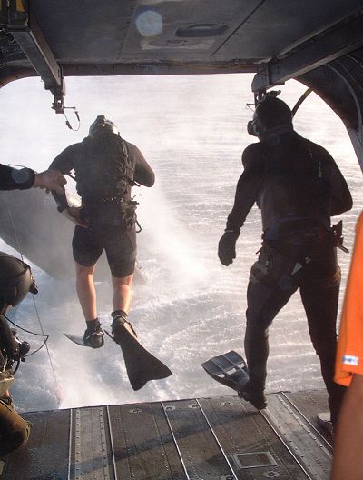 Staff Sgt Nick McCaskill, 320th Special Tactics Squadron, Kadena Air Base, Japan, jumps into Subic Bay during pararescue training with Republic of Philippine forces recently during Balance Piston 03-5.