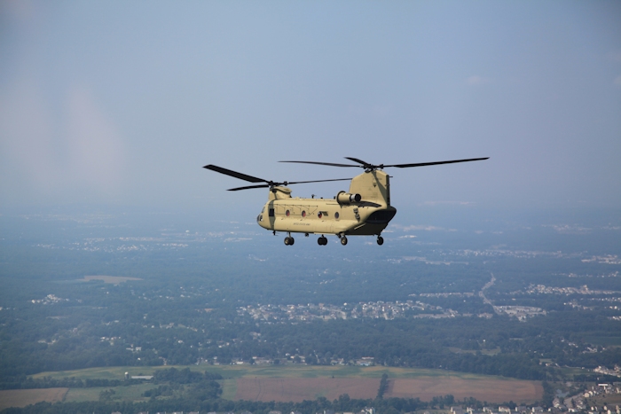 11 September 2013: CH-47F Chinook helicopter 11-08834 flies over Delaware enroute to the Port of Baltimore.