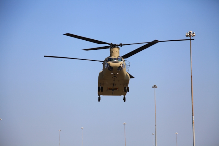 11 September 2013: CH-47F Chinook helicopter 12-08111 arrives at the Port of Baltimore to pick up the aircrews for the return flight to Millville Airport.