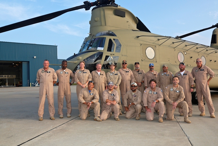Aircrew members from the CH-47F Chinook helicopter New Equipment Training Team (NETT) who were involved in the movement of the new Chinook helicopters to the Port of Baltimore.