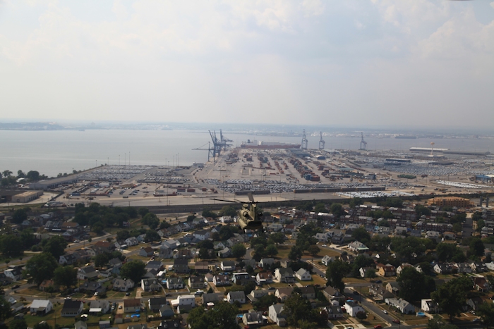 11 September 2013: Sortie 1 arrives at the Port of Baltimore. Two Chinook helicopters are already on the ground (11-08841 and 12-08104) with 11-08834 making it's approach while the crew of 11-08838 follows in trail.