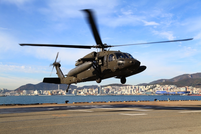 7 November 2013: A UH-60 "Blackhawk" helicopter provided taxi service for the CH-47F New Equipment Training Team aircrews from Camp Humphreys to the dock at Pier 8, Busan, Republic of Korea.