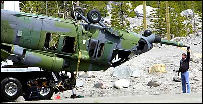 Recovered crashed Hawk loaded aboard a transport truck near Mount Hood, Oregon.