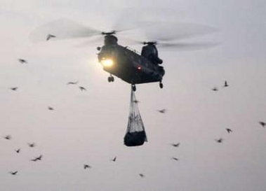 21 November 2005: A British Royal Air Force Chinook helicopter flies carrying loads of relief supplies for Pakistani earthquake-affected areas at a military base in Rawalpindi. Quake-stricken Pakistan heaved a sigh of relief on Sunday after world donors pledged almost $6 billion, and vowed in return to account for every cent as it distributes the aid to survivors of last month's huge tremor.