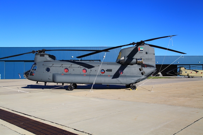 25 September 2012: Another United Arab Emirates CH-47F Chinook helicopter is ready for delivery. Tail number 2501 sits outside the hangar at Millville Municipal Airport (KMIV), New Jersey.