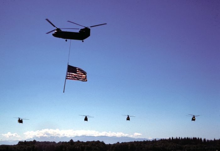 A model Chinooks from Washington Army Reserve perform at the Paine Field Airshow, August 1980.