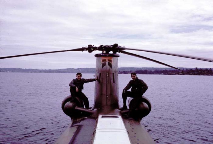 A CH-47A model assigned to the Washington Army Reserve lands in Lake Washington, April 1974.