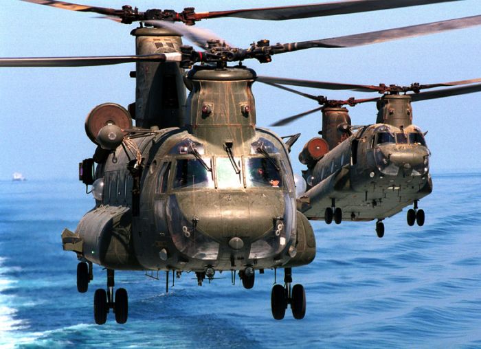 Royal Air Force HC-II Chinooks deploy to Afghanistan aboard the HMS Ocean.