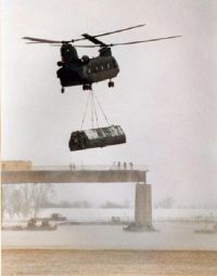 Bridge ponton transport via CH-47D Chinook.