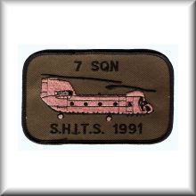 A patch from 7 Squadron - "Support Helicopters In The Sand - S.H.I.T.S.", during Desert Storm, circa 1991.