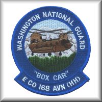 A patch from E Company, 168th Aviation, Army National Guard, located in Washington State.