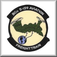 One of several new designed patches of the U.S. Army Reserve unit, B Company, 5th Battalion, 159th Aviation Regiment, Fort Eustis, Virginia, after the acceptance of the Vietnam era unit callsign "Freight Train" in honor of the 243rd Assault Support Helicopter Company (ASHC), circa 2003.